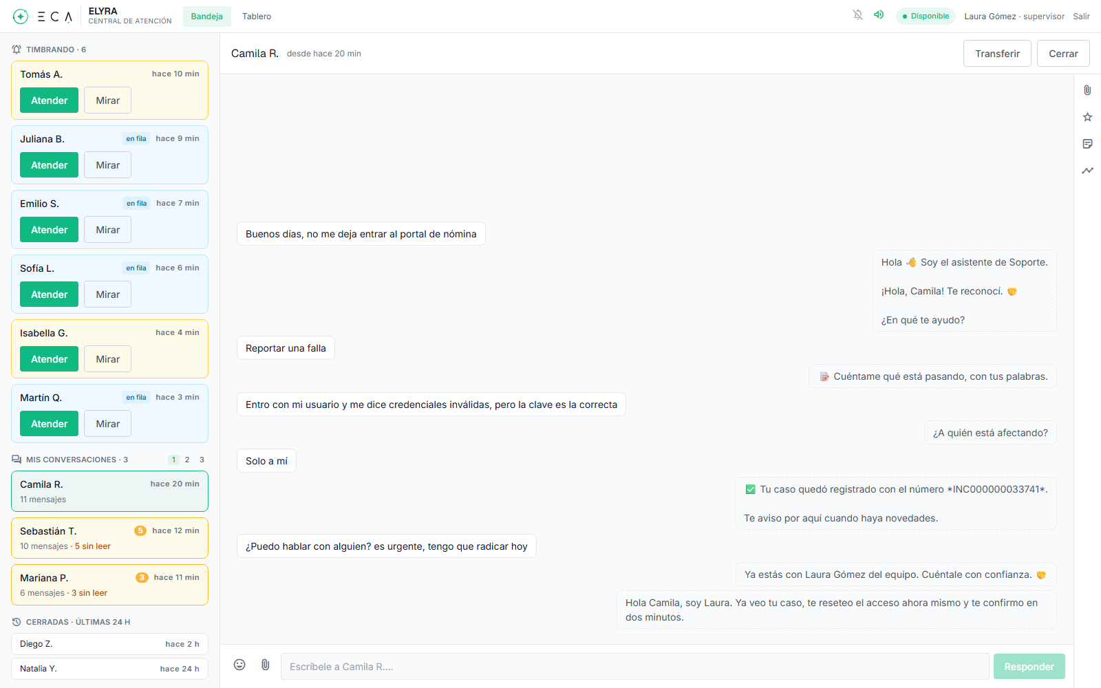 La bandeja de ECA: seis conversaciones timbrando en la cola, tres atendiéndose a la vez y el hilo completo de una de ellas